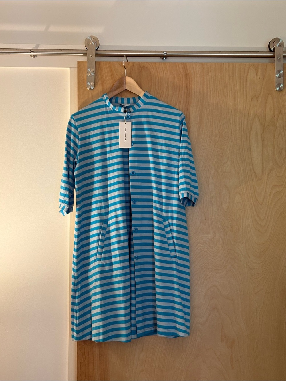 Marimekko NWT Kaste Turquoise and Gray Stripe Buttoned Tunic Dress Size Medium